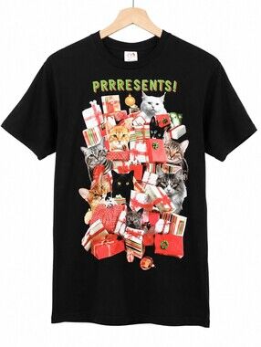 Christmas Cat Present T-shirt Black Red Small